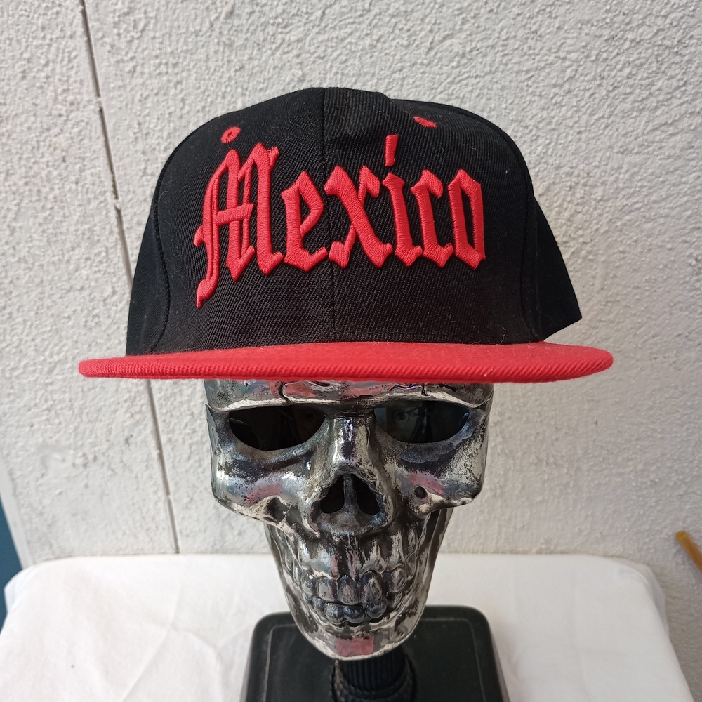Black Snapback Hat with Red Mexico Embroidery Casual Summer Retro Streetwear